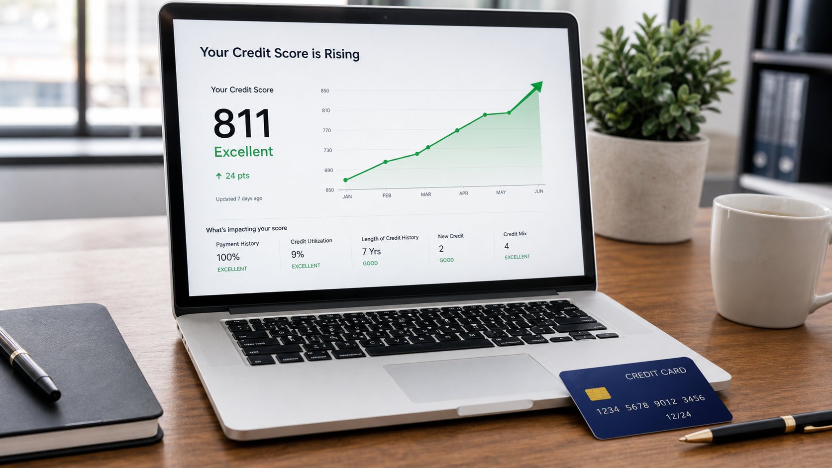 A laptop showing a rising credit score graph