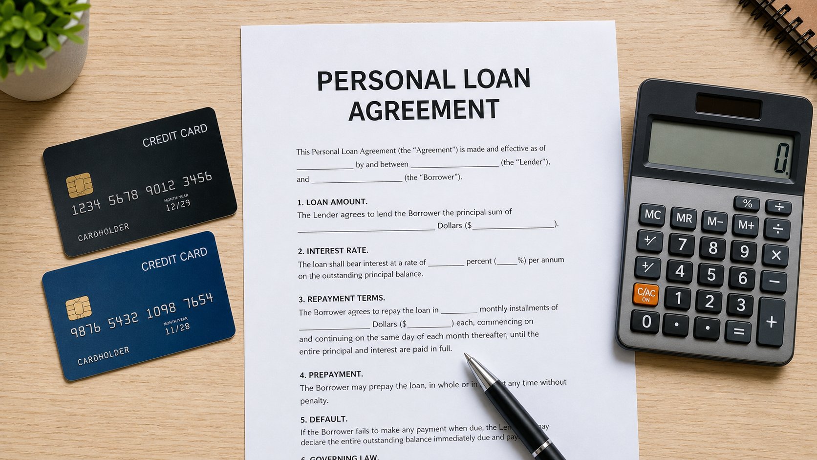 Two credit cards, a loan agreement and a calculator on a desk