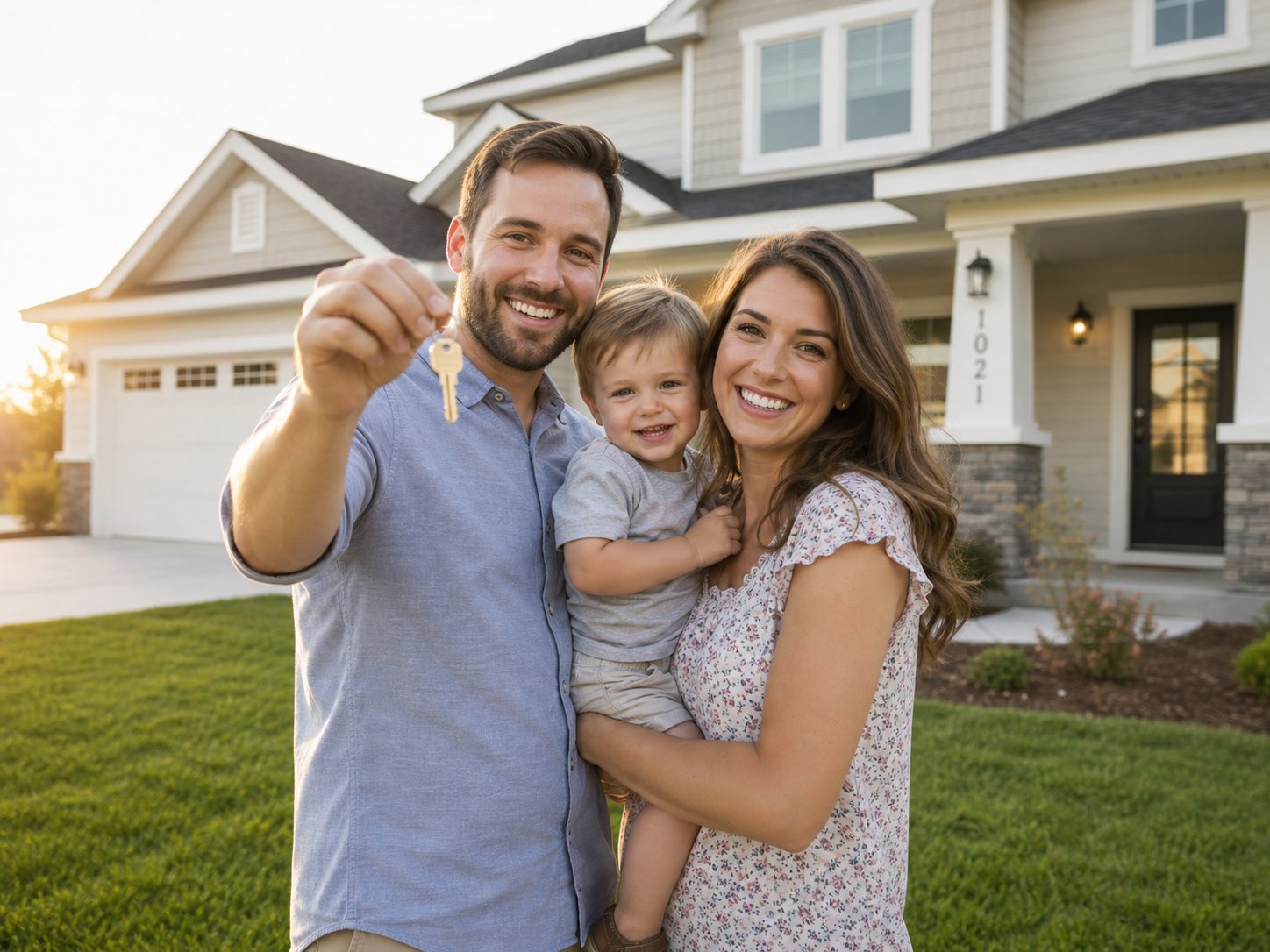 Family holding the keys to their new home